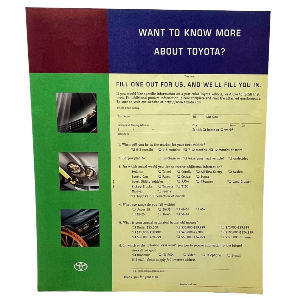 Toyota Info Questionnaire Form Vintage 90s Want to Know More About Toyota?